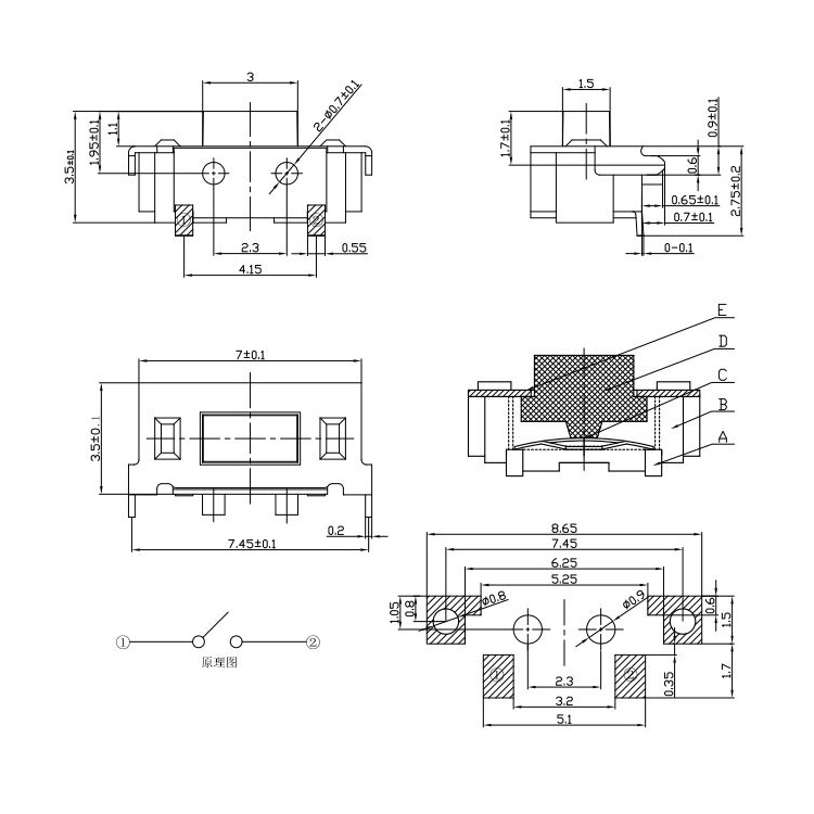 3x6x3.5大側(cè)輕觸開(kāi)關(guān)，臥式貼片輕觸開(kāi)關(guān)0.7mm柱