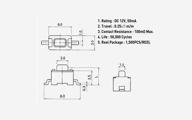 STP-1250s貼片開(kāi)關(guān)，進(jìn)口全白輕觸開(kāi)關(guān)，3x6x5兩腳貼片開(kāi)關(guān)