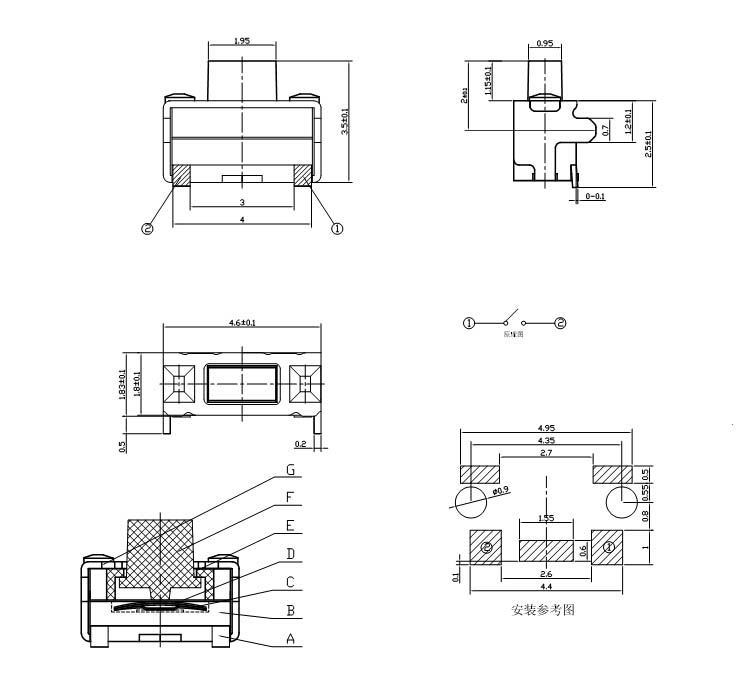 2x4x3.5雙層防水膜帶支架小側(cè)按輕觸開(kāi)關(guān)